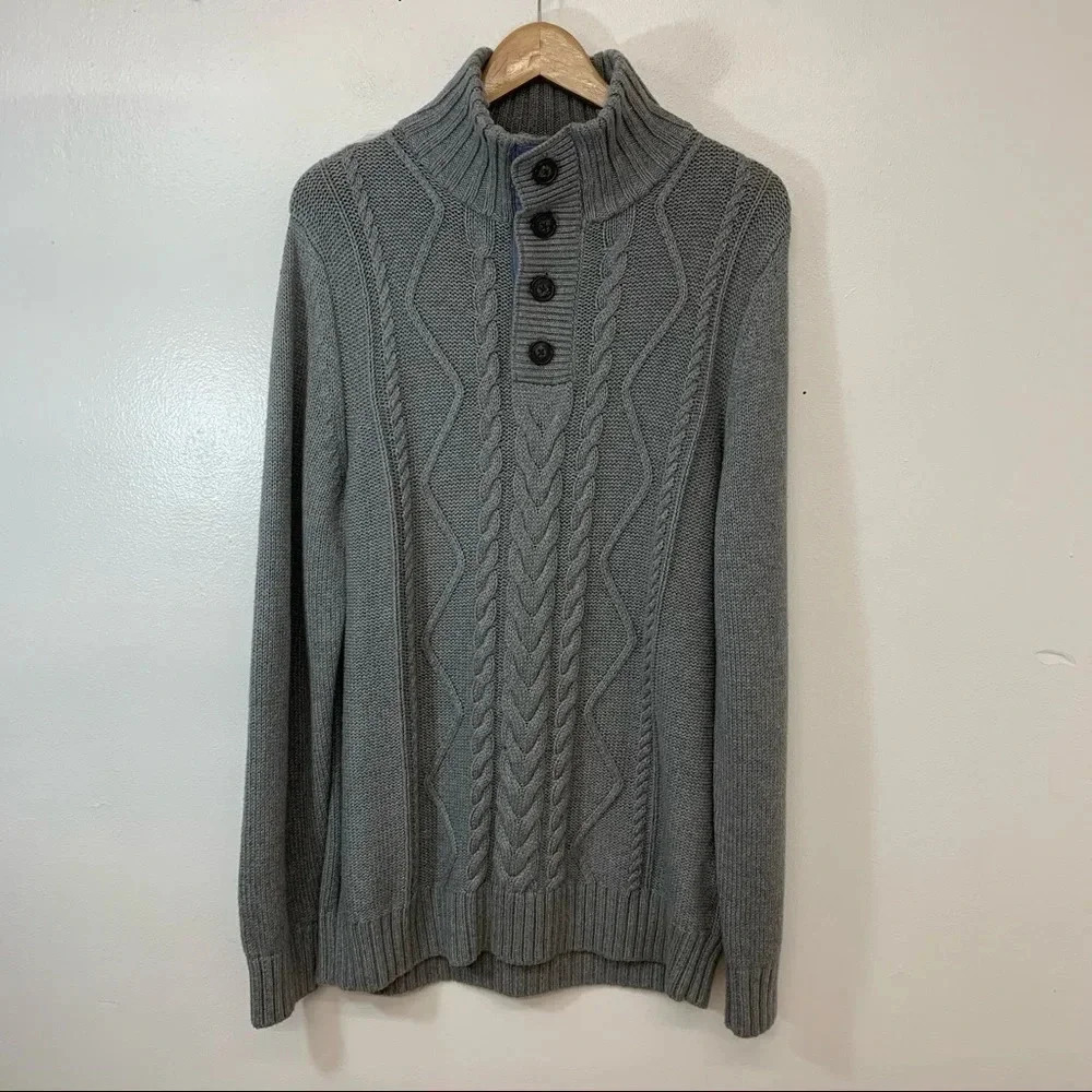Celio Fisherman Sweater Men XL Gray Long Sleeve Mock Neck Grandpa Dad Warm‎ Ski